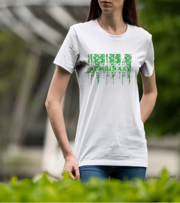 Non Binary Code Matrix-Inspired Green Text T-Shirt