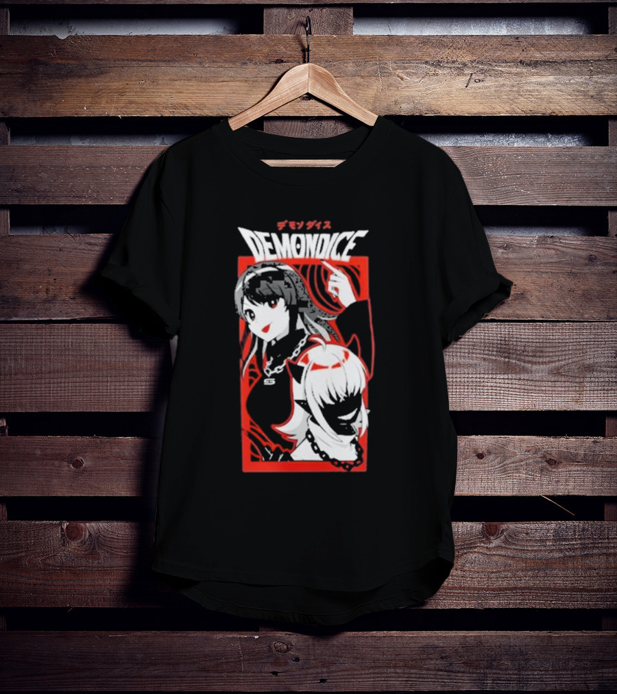 DEMONDICE Anime Style Red And White Character Design Chains T-Shirt