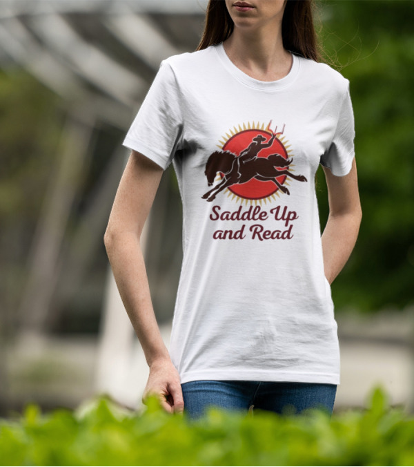 Saddle Up And Read Horseback Silhouette Against Sunburst T-Shirt