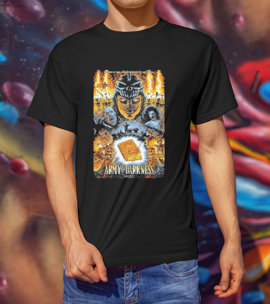 Trapped In Time Surrounded By Evil Low On Gas Army Of Darkness Necronomicon Evil Dead Horror Collage T-Shirt