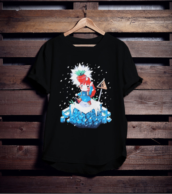 The Yetee Celeste 64 Pixel Adventure Character With Strawberry And Flag On Ice Mountain T-Shirt