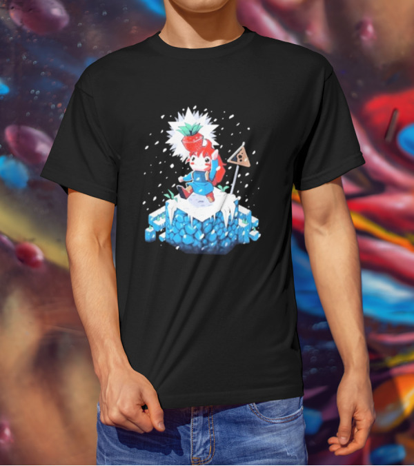 The Yetee Celeste 64 Pixel Adventure Character With Strawberry And Flag On Ice Mountain T-Shirt