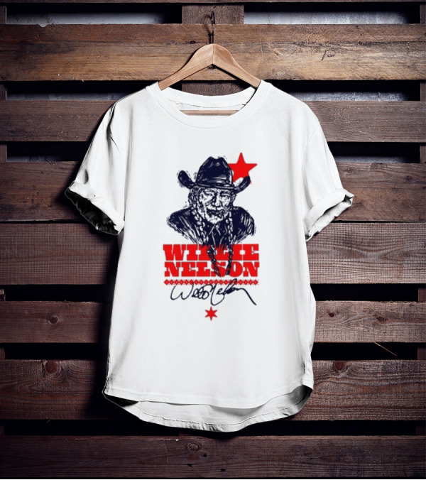 Willie Nelson Woodcut Cowboy Hat Red Star T-Shirt
