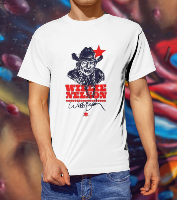 Willie Nelson Woodcut Cowboy Hat Red Star T-Shirt