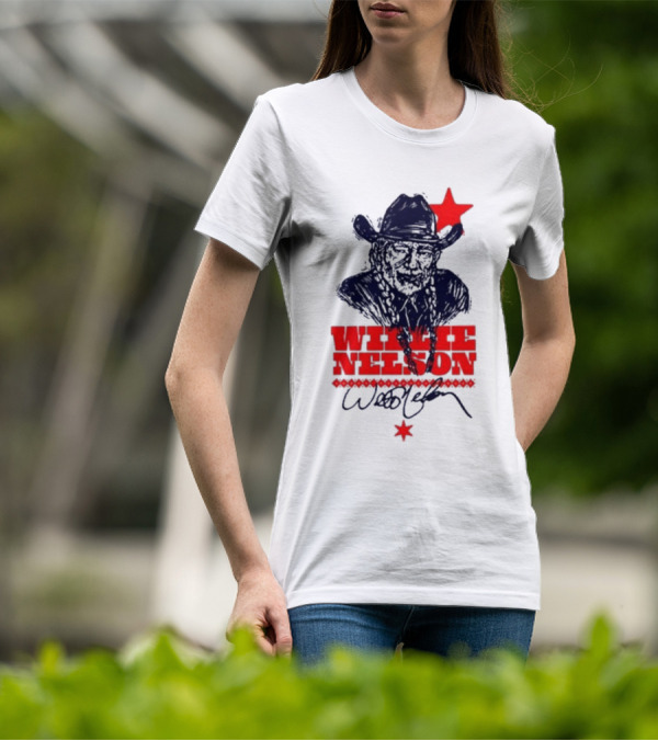 Willie Nelson Woodcut Cowboy Hat Red Star T-Shirt