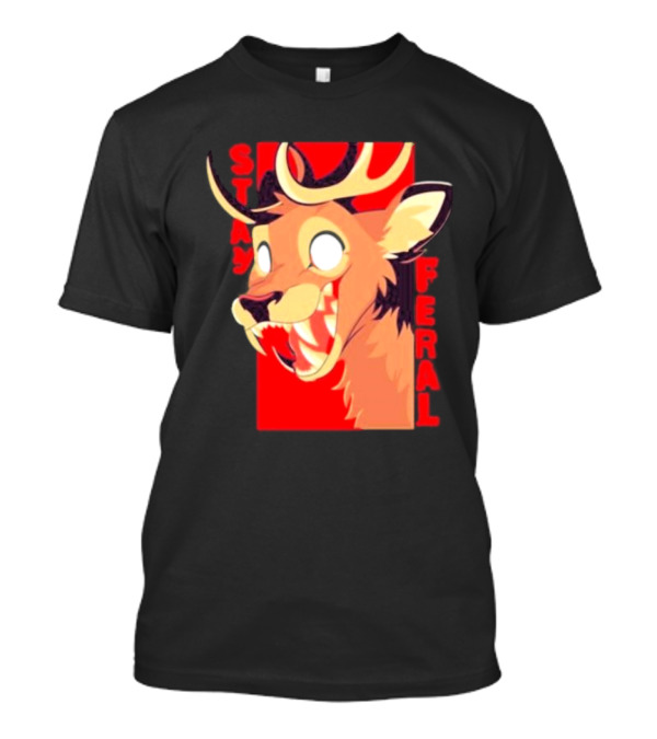 Stay Feral Toothy Deer Wild Expression Monochrome Cartoon T-Shirt