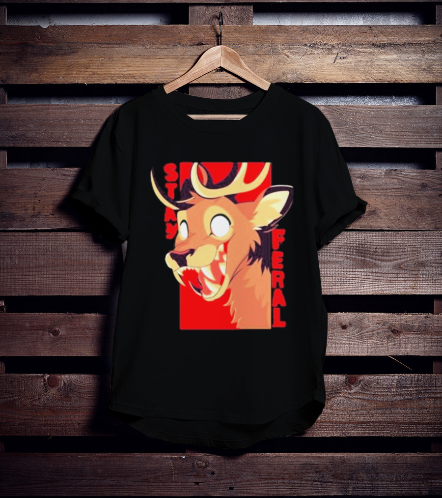 Stay Feral Toothy Deer Wild Expression Monochrome Cartoon T-Shirt
