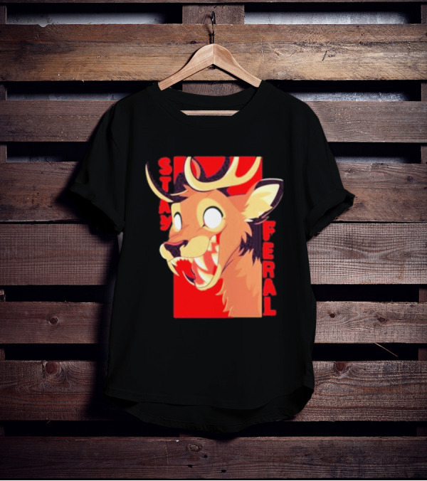 Stay Feral Toothy Deer Wild Expression Monochrome Cartoon T-Shirt