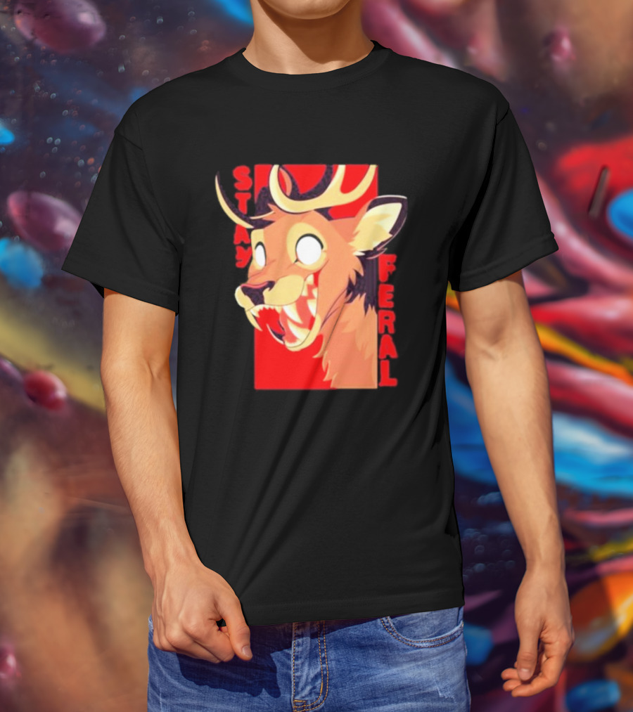 Stay Feral Toothy Deer Wild Expression Monochrome Cartoon T-Shirt
