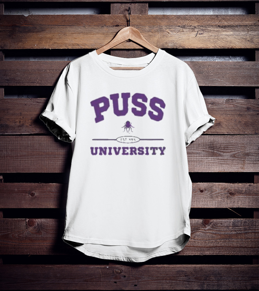 Puss University Est 888 Purple Logo Design With Octopus T-Shirt