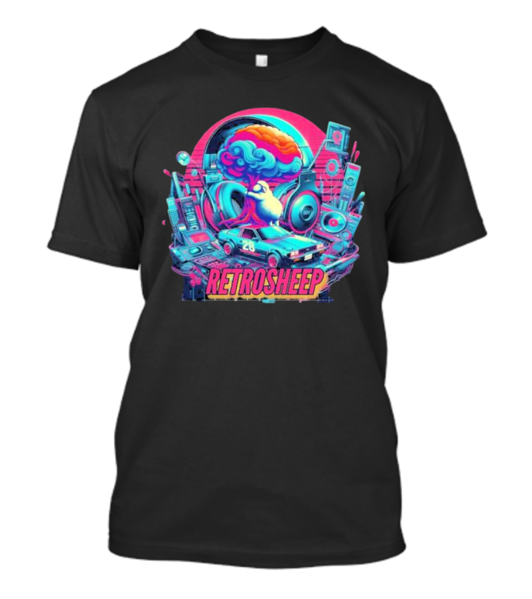 Retrosheep Neon Music Explosion With Retro Cars And Speakers T-Shirt