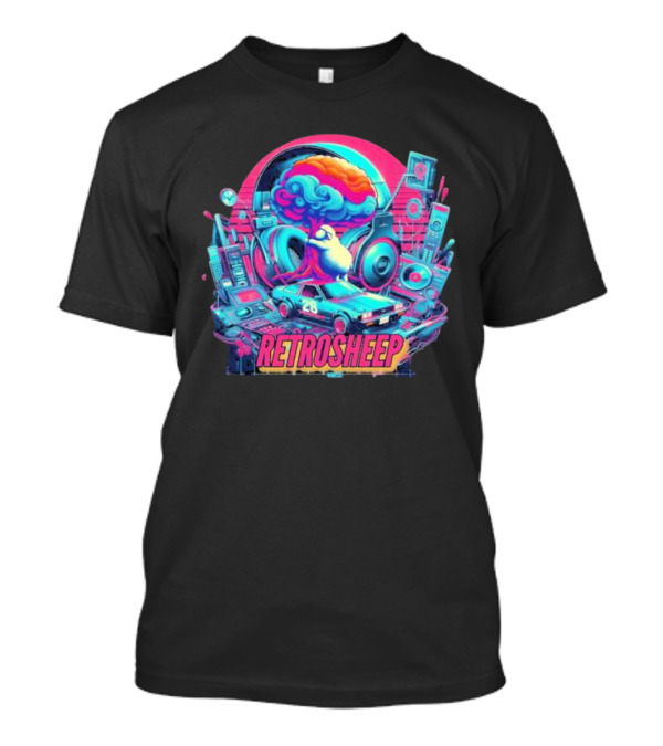 Retrosheep Neon Music Explosion With Retro Cars And Speakers T-Shirt