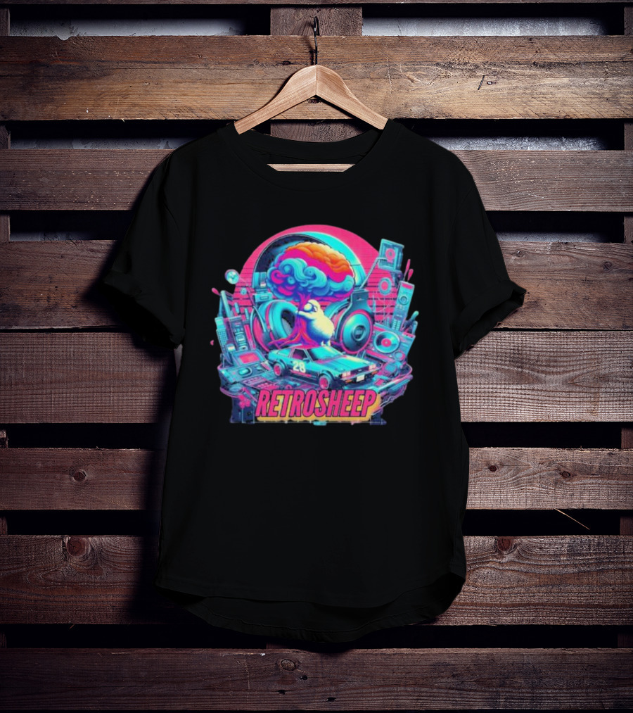 Retrosheep Neon Music Explosion With Retro Cars And Speakers T-Shirt