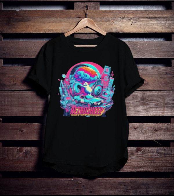 Retrosheep Neon Music Explosion With Retro Cars And Speakers T-Shirt