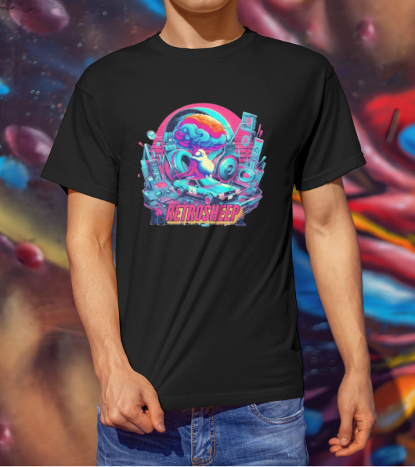 Retrosheep Neon Music Explosion With Retro Cars And Speakers T-Shirt