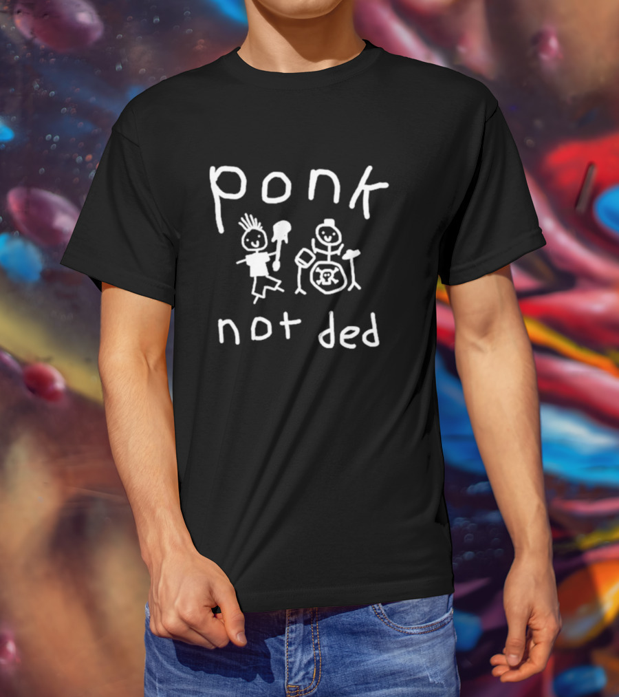 Ponk Not Ded Stick Figure Band Drummer And Guitarist Sketch T-Shirt