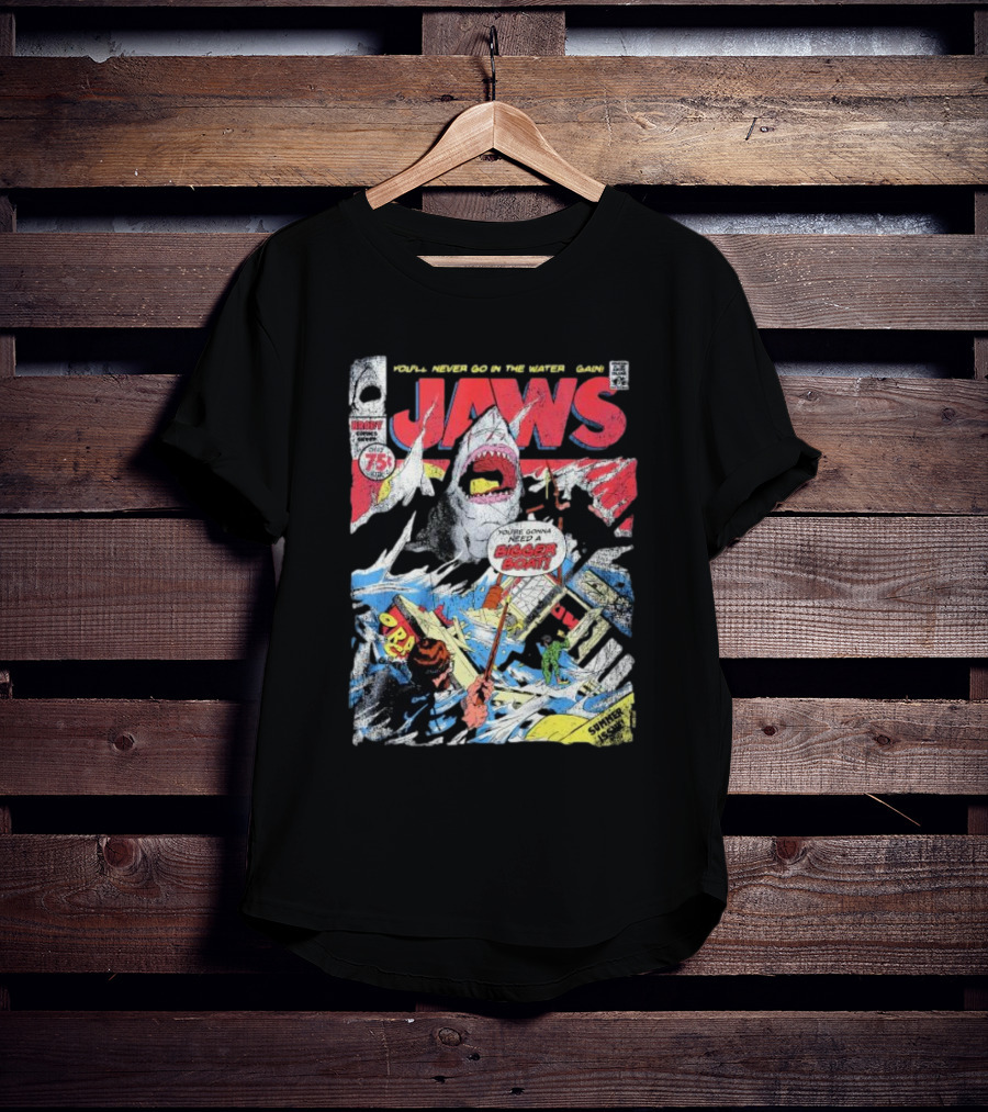 Jaws Comic Cover You'll Never Go In The Water Again You're Gonna Need A Bigger Boat 75 Cent July Roy Thomas Ross Andru Comic Code Authority T-Shirt