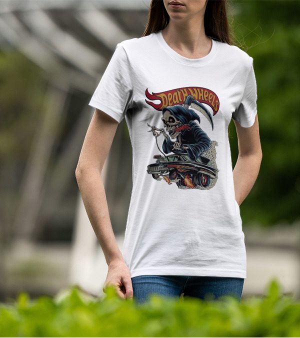 Deadly Wheels Krisna Okky Death Wheels Grim Reaper Driving Flaming Car T-Shirt
