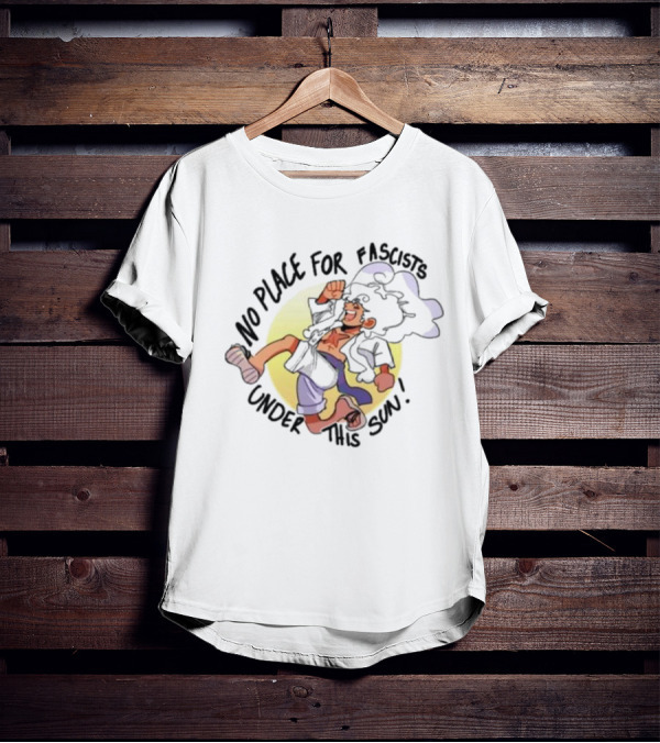 No Place For Fascists Under This Sun Energetic Character Jumping Against Yellow Circle Background T-Shirt