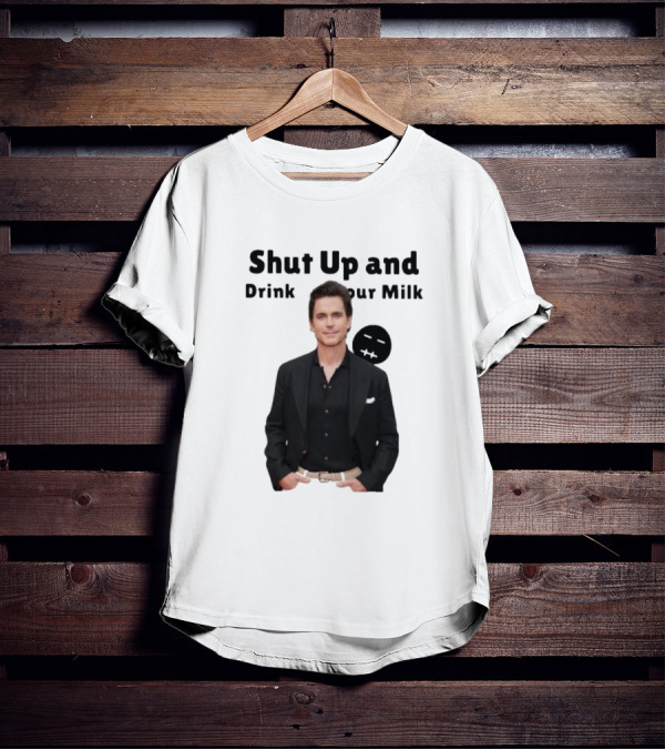Shut Up And Drink Your Milk With Smiling Man In Black Suit T-Shirt