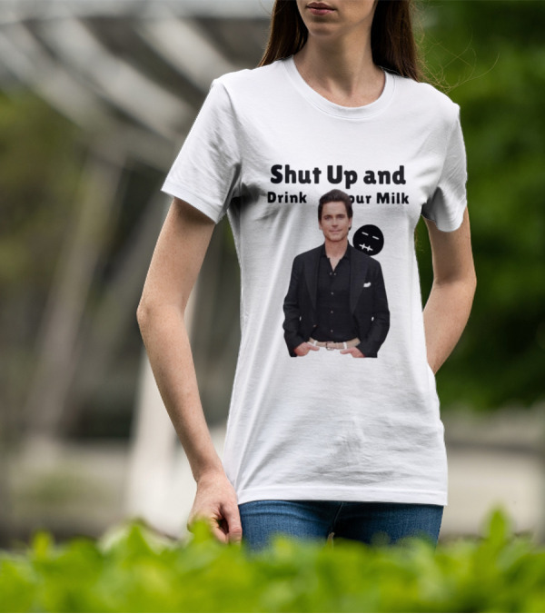 Shut Up And Drink Your Milk With Smiling Man In Black Suit T-Shirt