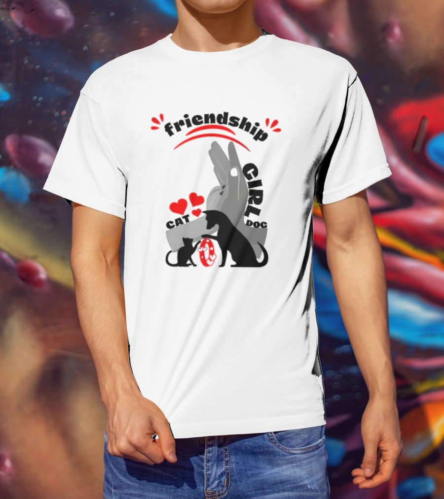 Friendship Girl Cat Dog Pet Pal Hearts T-Shirt