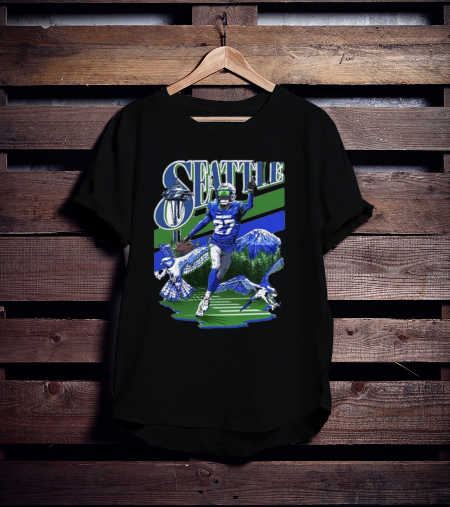 Seattle Seahawks Tariq Woolen Number 27 With Space Needle And Mountain Background T-Shirt