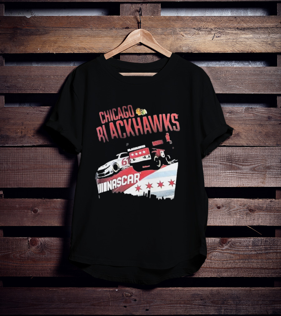 Chicago Blackhawks NASCAR Racing Car With City Skyline And Number 61 T-Shirt