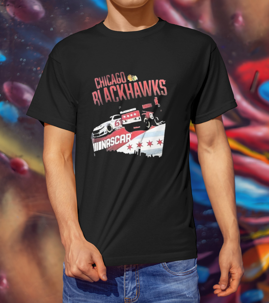Chicago Blackhawks NASCAR Racing Car With City Skyline And Number 61 T-Shirt