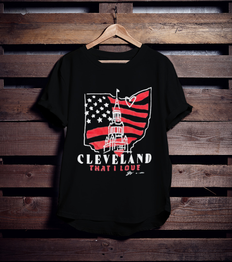 Cleveland That I Love American Flag Tower Ohio Heart Stars Stripes T-Shirt