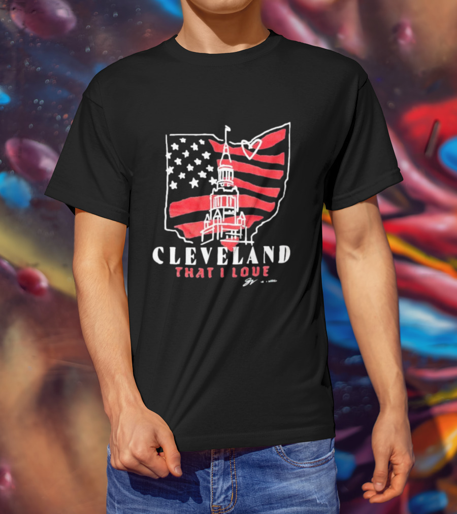 Cleveland That I Love American Flag Tower Ohio Heart Stars Stripes T-Shirt