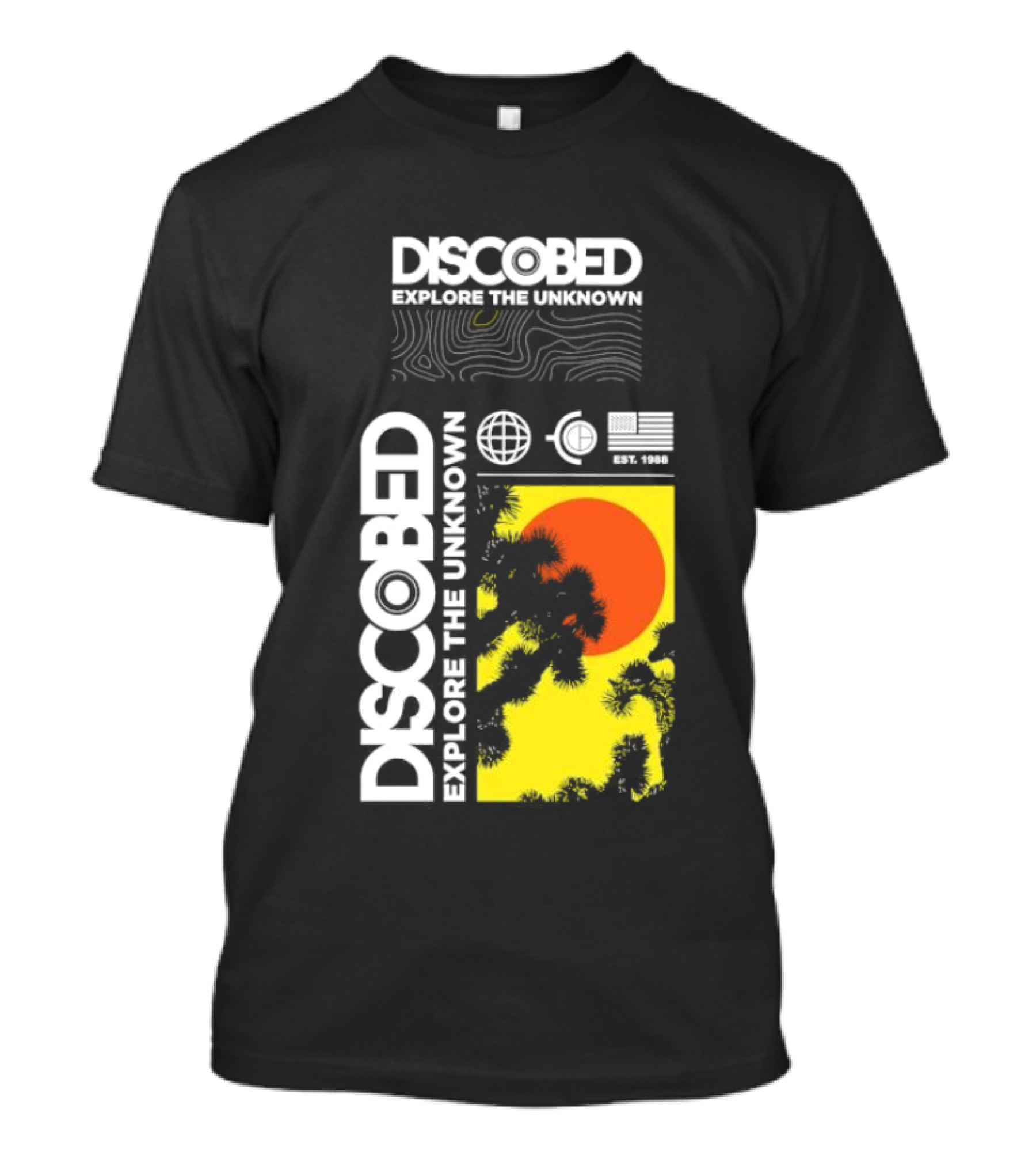 Discobed Explore The Unknown Global Exploration Est 1988 Sun Images With Iconic Nature Scene T-Shirt