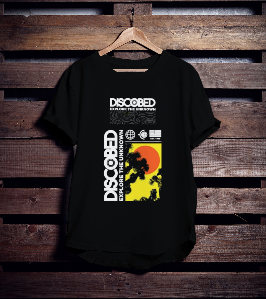 Discobed Explore The Unknown Global Exploration Est 1988 Sun Images With Iconic Nature Scene T-Shirt