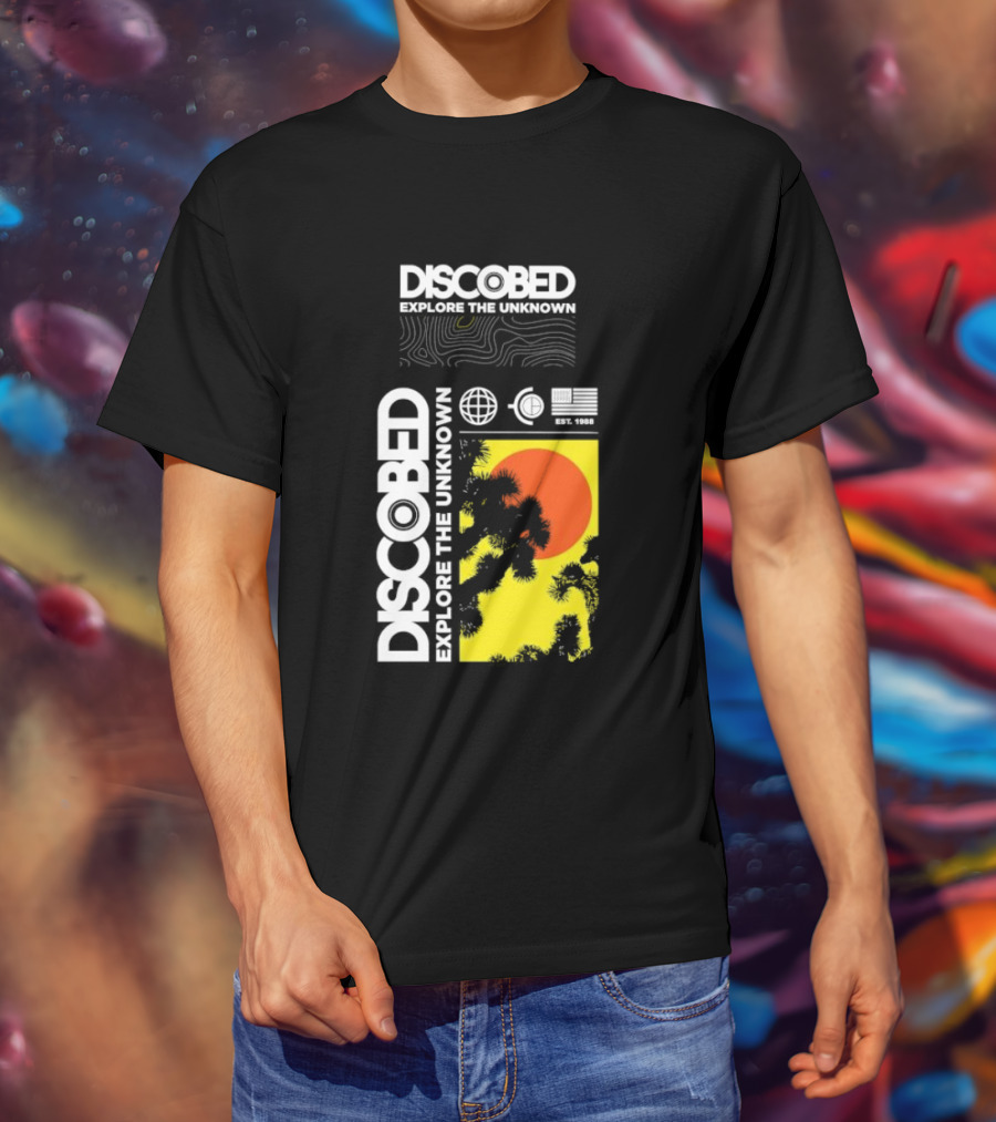 Discobed Explore The Unknown Global Exploration Est 1988 Sun Images With Iconic Nature Scene T-Shirt