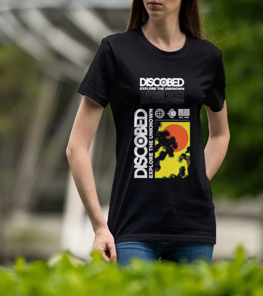 Discobed Explore The Unknown Global Exploration Est 1988 Sun Images With Iconic Nature Scene T-Shirt