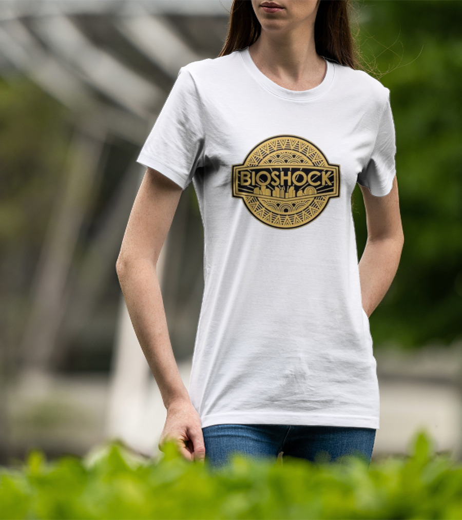 Bioshock Art Deco Golden Emblem With Cityscape T-Shirt