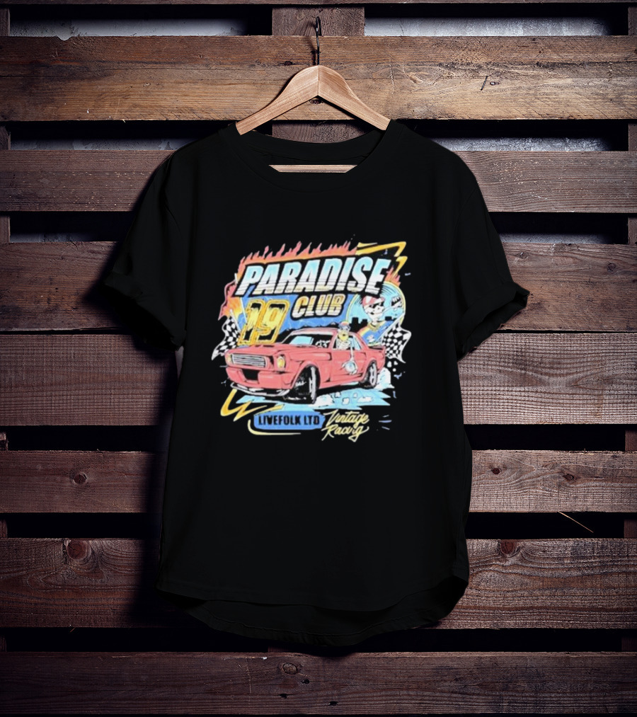 Paradise Club 19 Livefolk Ltd Vintage Racing Skeleton Racer Car Checkered Flags T-Shirt