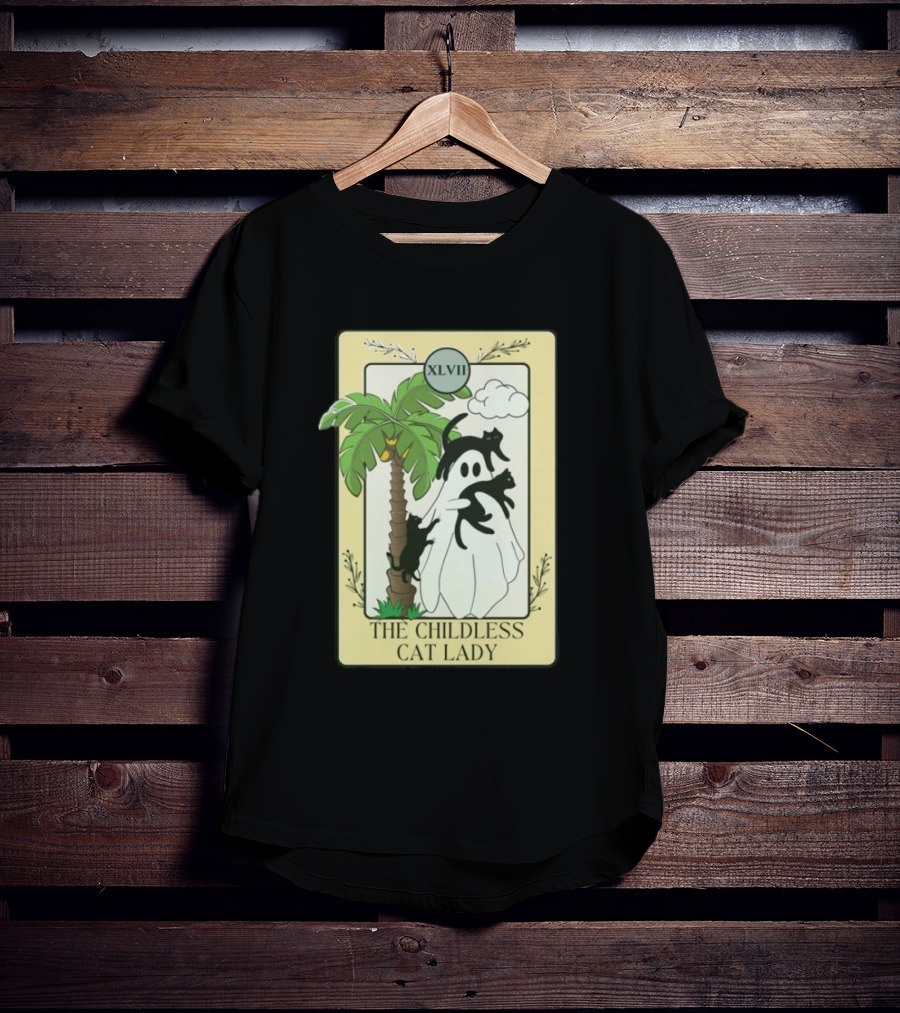 XLVII The Childless Cat Lady Ghost Black Cat Coconut Tree T-Shirt