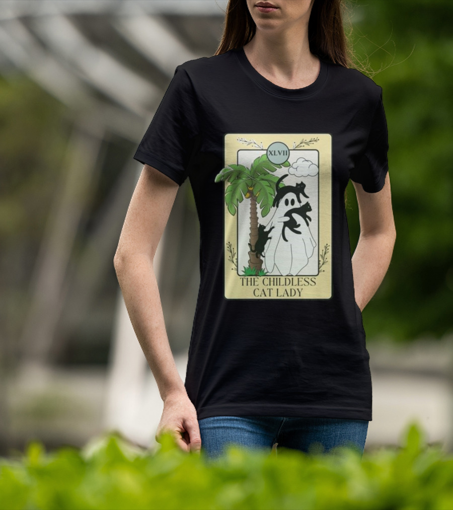 XLVII The Childless Cat Lady Ghost Black Cat Coconut Tree T-Shirt