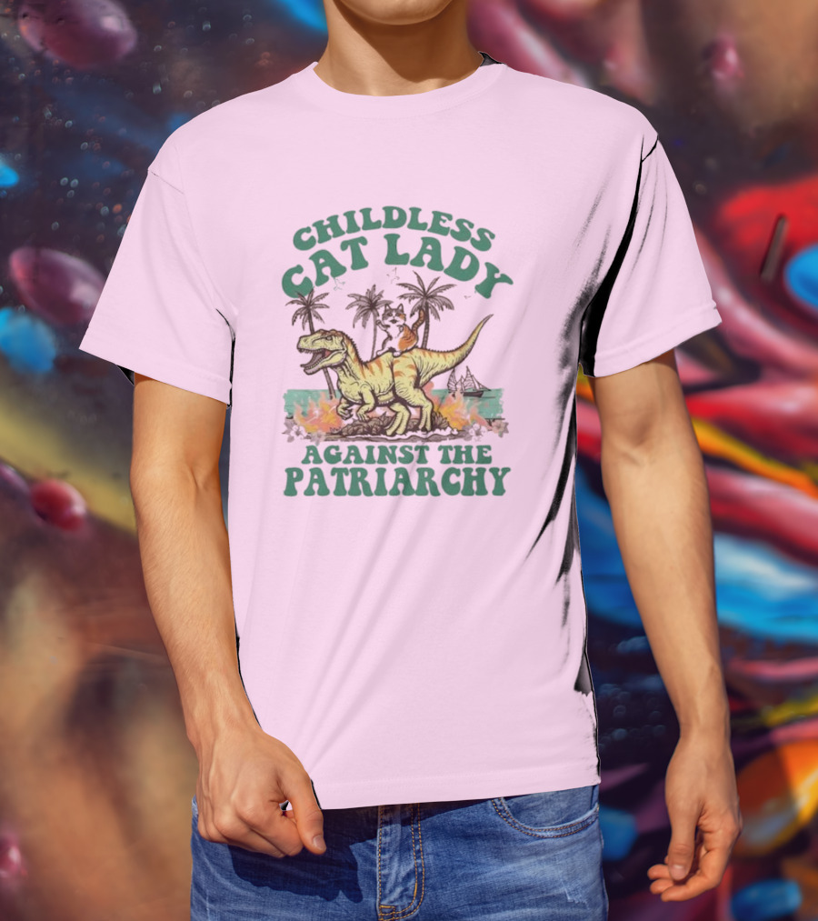 Childless Cat Lady Riding Dinosaur Against The Patriarchy With Flaming Coconut Trees T-Shirt