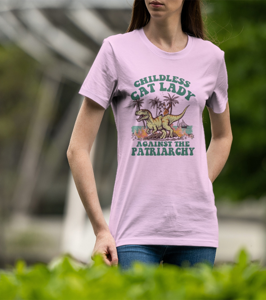 Childless Cat Lady Riding Dinosaur Against The Patriarchy With Flaming Coconut Trees T-Shirt