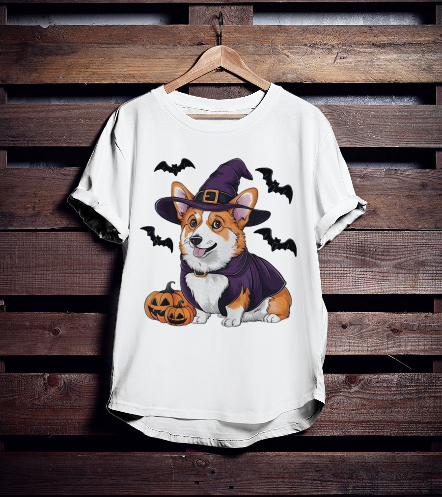 Halloween Corgi In Witch Hat With Pumpkins And Bats T-Shirt