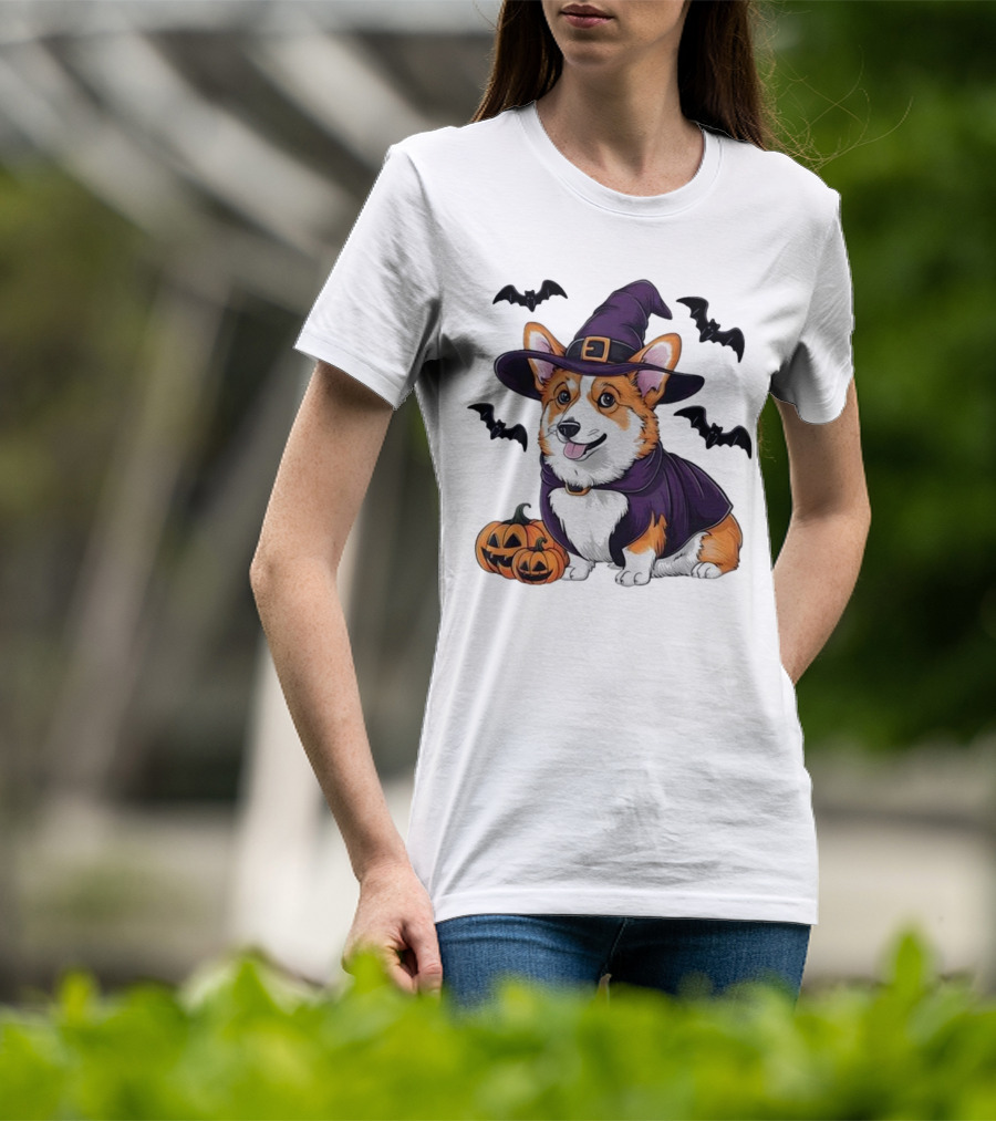 Halloween Corgi In Witch Hat With Pumpkins And Bats T-Shirt