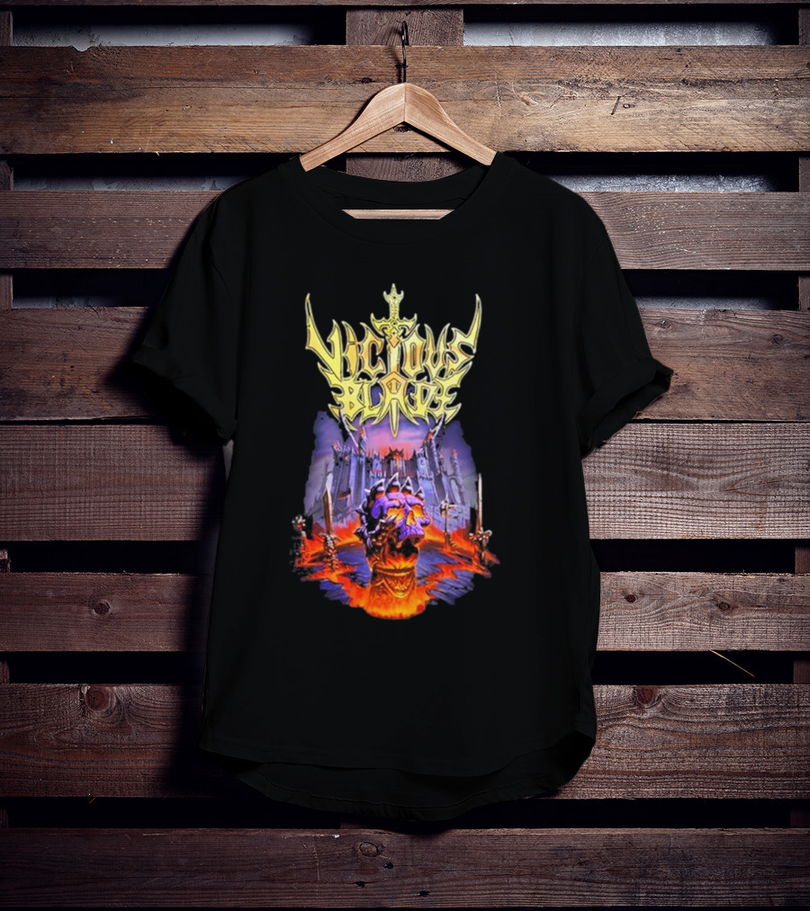 Vicious Blade Skull Fortress With Flaming Swords T-Shirt