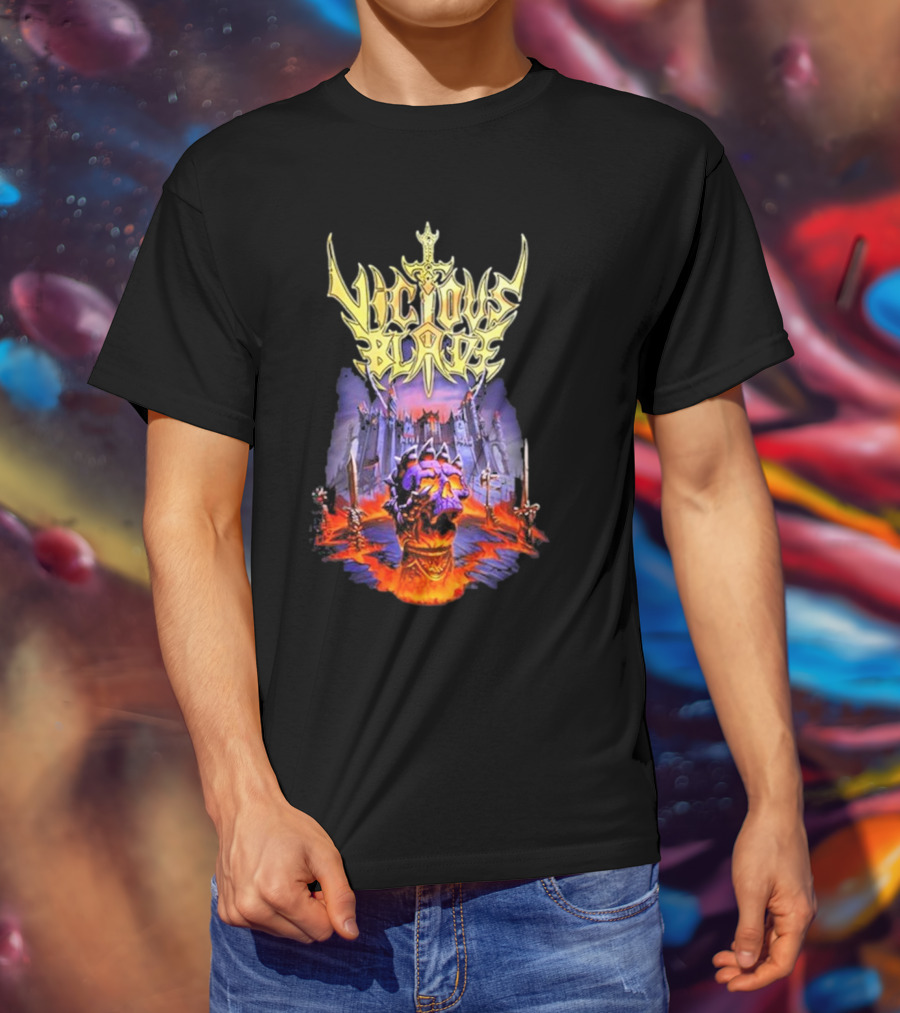 Vicious Blade Skull Fortress With Flaming Swords T-Shirt
