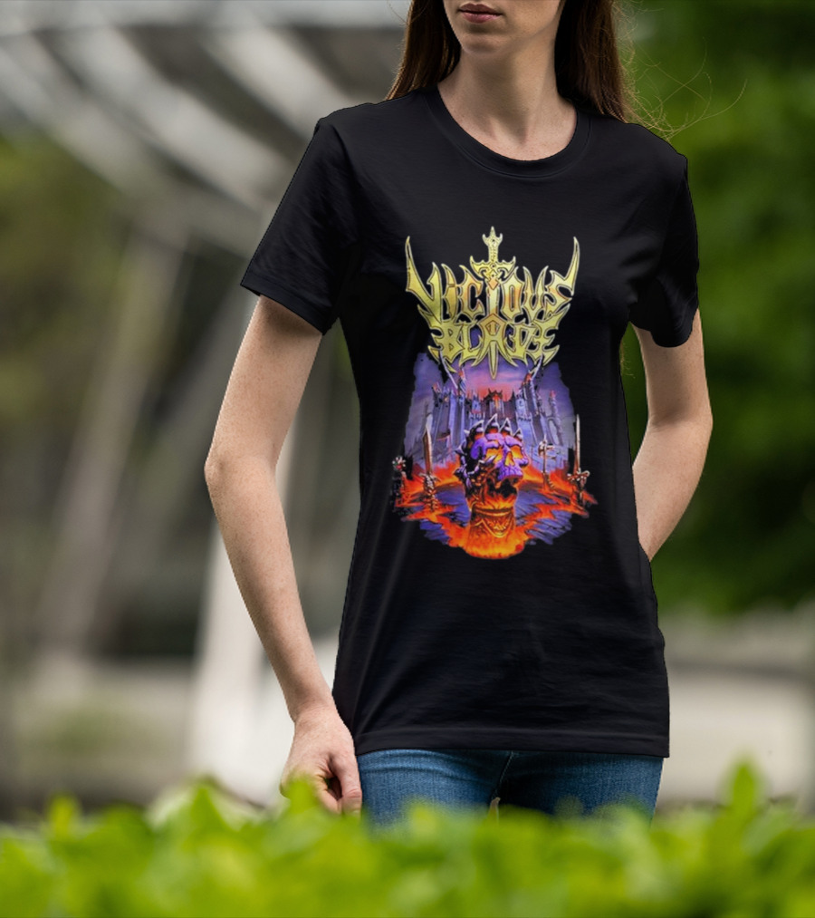 Vicious Blade Skull Fortress With Flaming Swords T-Shirt