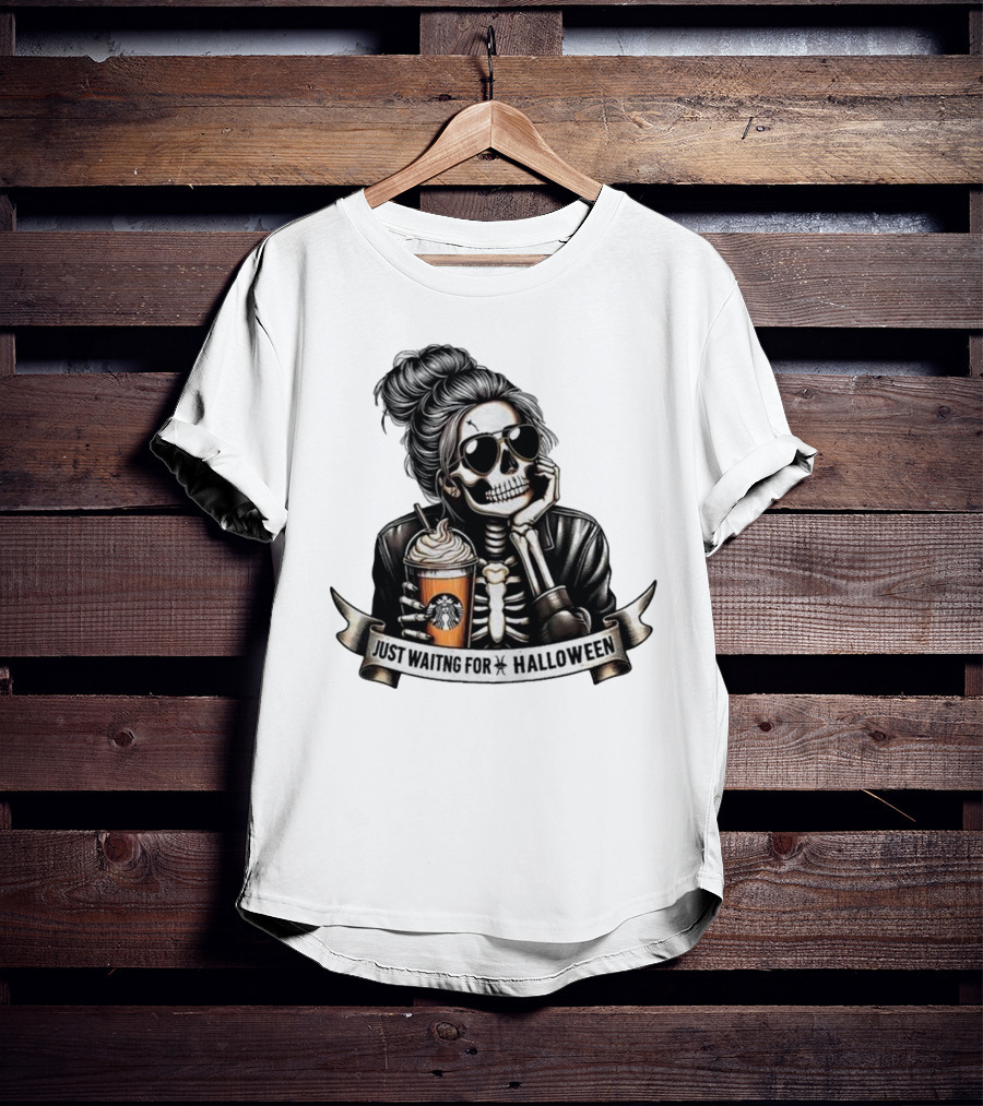 Just Waiting For Halloween Skeleton With Coffee Cup Spooky Season T-Shirt