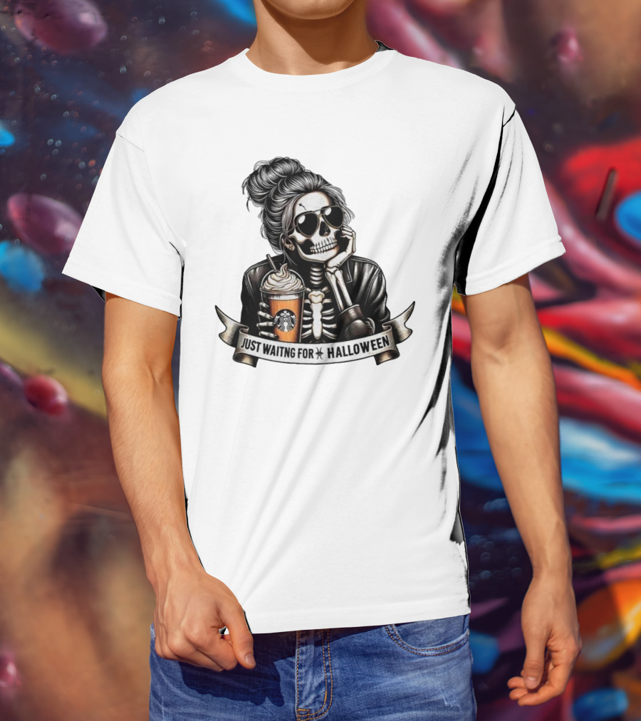 Just Waiting For Halloween Skeleton With Coffee Cup Spooky Season T-Shirt