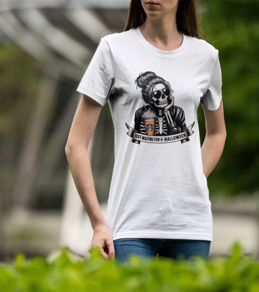 Just Waiting For Halloween Skeleton With Coffee Cup Spooky Season T-Shirt
