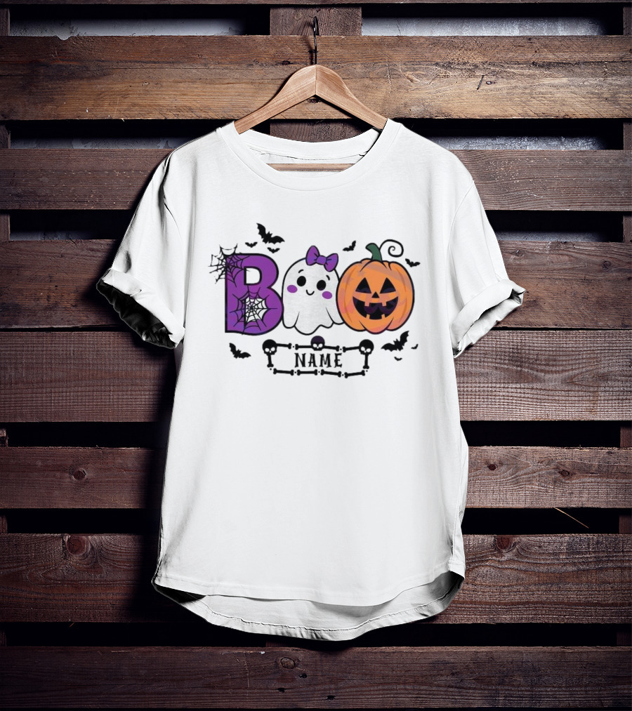 Boo Name Ghost Pumpkin Halloween Spiders Bats T-Shirt